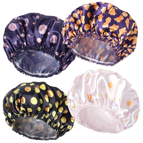 4 PCS Shower Cap for Women, Elastic and Reusable Bath Caps, Double Layers Shower Caps Reusable Waterproof, Bathing Shower Caps, Environmental Bath Hair Protection Cap - Ginkgo Leaf - color: Ginkgo Leaf