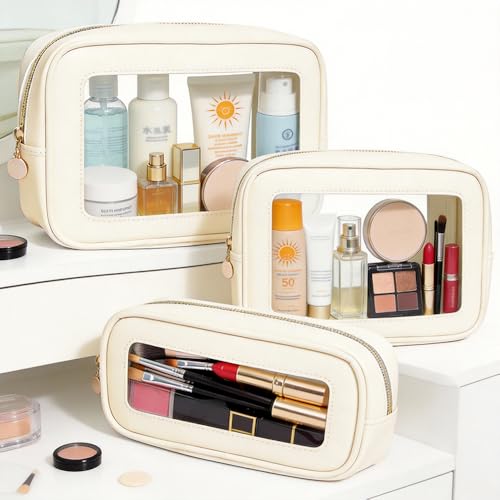 3-Piece Travel Clear Makeup Bag Set, Small Large Clear Cosemetic Bag with Makeup Brush Bag Waterproof Makeup Pouch with Zipper Toiletry Bags For Traveling Car Accessories for Women (White Set) - color: White Set