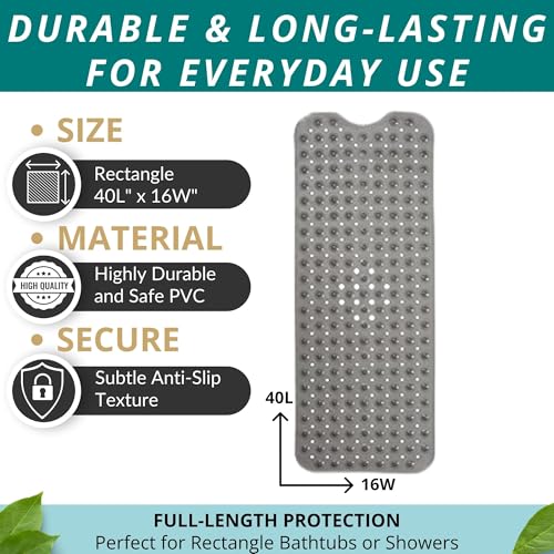 ENKOSI Bathtub Mat – 40 x 16 Inch Extra Long Non Slip Shower Mat – Anti Slip Grey Bath Mat with Suction Cups and Drain Holes – Bathroom Mat for Smooth Tubs and Shower Floors (40x16 Clear Grey) - color: Clear Gray
