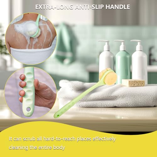 Back Scrubber for Shower, 15.7" Dual-Textured Body Brush with Soft Nylon & Textured Bristles on Long Handle, 2-in-1 Exfoliating and Cleansing Back Washer for Hard to Reach Areas