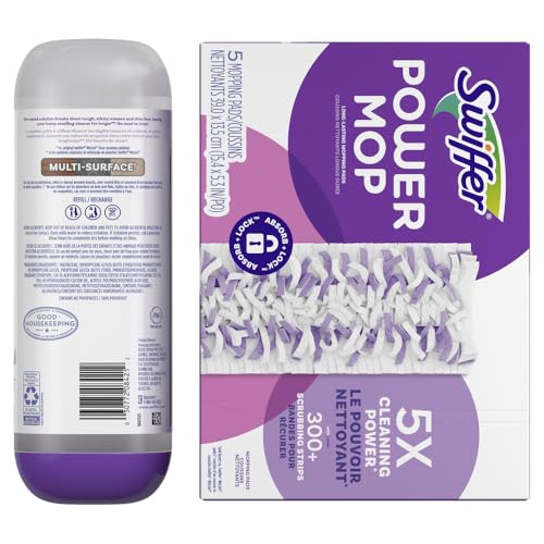 Swiffer Power Mop Refill Pack, Floor Cleaner for Mopping Tile, Vinyl, Laminate, Wood in Home, Bathroom, Kitchen, All Purpose Multi-Surface Cleaning, 5 Pads + 1 Lavender Solution - size: 25.3 Fl Oz (Pack of 1)