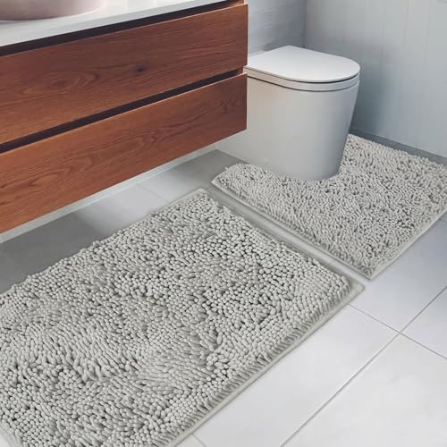 Bathroom Rugs Chenille Bath mat 2 Piece Set, Super Absorbent, Strong PVC Non Slip Backing, Bath mats for Bathroom, Plush Shaggy, Thick, Machine Washable, Bathtub, Toilet.(Light Grey) - color: Light Grey, size: 20''×20''U-Shape+20''×32''