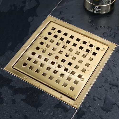 4 Inch Square Shower Floor Drain, Stainless Steel Black Shower Drain Kit with Flange, Floor Drain with Removable Grid Cover,Brushed Gold - color: Brushed Gold, size: 4 inch-Grid