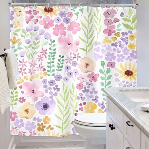 Riyidecor Pink Purple Cute Floral Shower Curtain for Bathroom Decor 72Wx72H Boho Spring Kids Girls Wildflower Watercolor Plant Botanical Art Printed Fabric Polyester Waterproof 12 Pack Plastic Hooks - color: B-purple, size: 72"W x 72"L (Pack of 1)