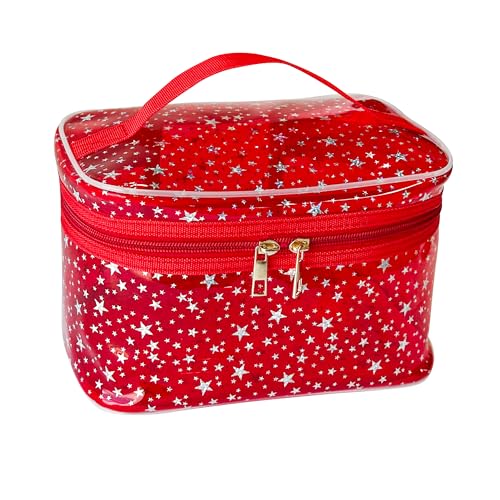 Star Print Red PVC Makeup Bag with Handle - 8.66 * 5.51 * 5.51 inch,Clear Storage Bag Toiletry Pocket Portable Zippered Pouch Waterproof Cosmetic Organizer Bags for Women (Red-L) - color: Red-L