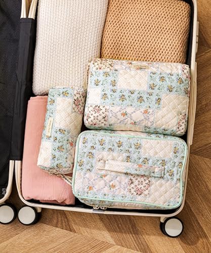 HBselect Quilted Makeup Bag, 3PCS Cotton Large Travel Makeup Bag, Cute Floral Coquette Make up Bag Cosmetic Bag Toiletry Bag for Women Girls - color: A-3PCS-Floral 4