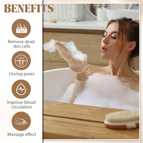 30 Pcs Exfoliating Shower Gloves Stretchable Jute Bath Mitts with Hanging Loop Body Scrubber Exfoliator Loofah Washcloth Deep Clean Dead Skin for Spa Massage Skin Shower Hotel Use(Brown) - color: Brown