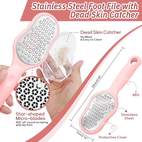New Foot Brush & Foot Files Set(3PCS), 3-in-1 Foot Scrubber with Long Handle, 10.2’’-27.5’’Adjustable Foot Scrub Brush and 2 Upgrade Foot File Callus Remover, Gift-Box Packed(Pink+2*Foot File) - color: Pink Kit04