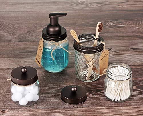 Amolliar Mason Jar Foaming Soap Dispenser, Rustproof Stainless Steel Lid, BPA Free Foam Pump, Waterproof Labels, Rustic Farmhouse Decor Refill Hand Soap Dispenser Bathroom Accessories– Bronze (2 Pack) - color: Bronze, size: 2 Pack