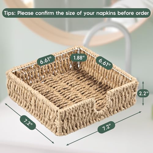 Napkin Holder for Table, Woven Paper Rope Napkin Holders For Paper Napkins, Wicker Napkin Holders for Kitchen Dinner Table Boho Decor and Accessories, Square Napkin Basket and Serving Tray - color: Beige, size: 7.2"L x 7.2"W x 2.2"H