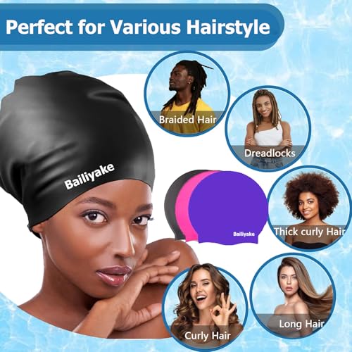 3 Pack Extra Large Swim Cap for Braids & Dreadlocks - Waterproof Silicone Swim Hat for Women with Long Thick Hair, Protective Swim Cap Cover Ears for Swimming, Shower, Bathing - color: Black+Pink+Purple