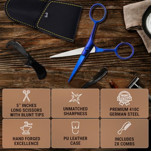 Ontaki Beard & Mustache Scissors for Men - 5inch, Midnight Blue - 410C German Steel Durable, Ergonomic Design Travel Friendly Beard Scissors for Men - Beard Kit 2 Combs & Case Perfect for Styling - color: Midnight Blue
