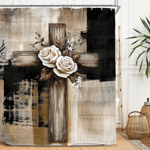 Miyotaa Abstract Minimalist Modern Cross Shower Curtain Set 60Wx71H Inches Religious Black Tan Neutral Contemporary Brushstroke Vintage Art Waterproof Bathroom Curtain with 12 Hooks - color: Black Tan Cross, size: 60"W x 71"L (Pack of 1)