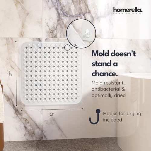 homerella® Shower Mat Non Slip Anti Mold, Non Slip Shower Mats for Inside Shower Stall Anti Slip Mat, Square Shower Floor Mat 21 x 21 in with Suction Cups & Hooks for Quick Drying, Machine Washable - color: Clear
