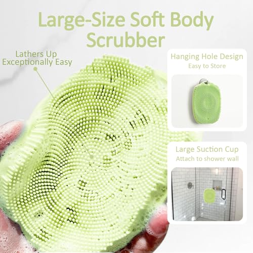 Soft Silicone Body Scrubber, Gentle Like a Hand Exfoliating Your Skin and Build Up Lather Easily, Back Large Suction Cup Easy to Store, Long-Lasting & Deep Clean (Green) - color: Green