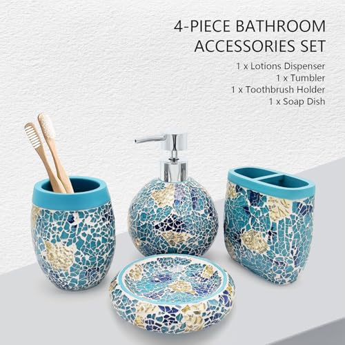 Handmade Blue Mosaic Glass Bathroom Accessory Sets 4PCS Bathroom Accessories Set Complete Includes Lotion Dispenser Toothbrush Holder Tumbler Cup & Soal Dish - color: Blue, size: Soap Dish