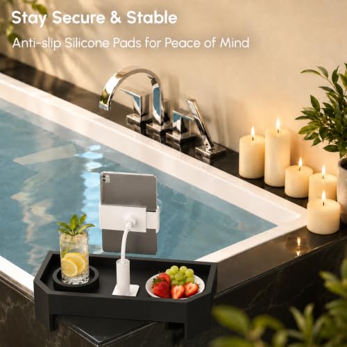 Vespara Bamboo Hot Tub Table with Adjustable Phone Holder, Non Slip Hot Tub Table Spa Gifts for Women, Bathtub Canddy Tray with Wine Glass Holder Tray for Luxury Bathtub& Bathroom Accessories Black - color: Black