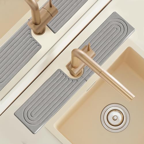 Stone Faucet Mat For Kitchen Sink, 20" Diatomite Fast Drying Stone Kitchen Sink Mat, Super Absorbent, Sink Stone Quick Dry Around Faucet, Stone Sink Splash Guard For Bathroom, Zen Gift, Light Grey - size: 20" x 3.9"