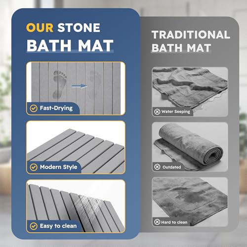 Large Foldable Stone Bath Mat,Diatomaceous Earth with Non-Slip and Super Absorbent, Dry Mat with Quick Dry for Bathroom,Easy to Clean（23.6" Lx15.35 W,Light Grey） - color: Light Grey