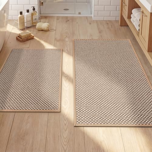 YIHOUSE Thin Bath Mat Khaki Bathroom Rugs Sets 2 Pieces, Non Slip Absorbent Mats Quick Dry, Woven Rugs Washable, Tapetes para Baño for Bathroom Toliet,Bathtub(17"x24"+17"x32") - color: Khaki, size: 2Pieces(17"x24"+17"x32")