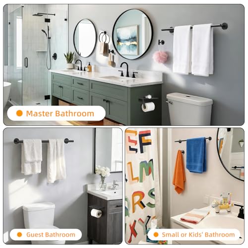 Black 5-Piece Bathroom Hardware Set, 23.6 Inch Towel Bar Set SUS304 Stainless Steel Towel Racks for Bathroom Round Towel Bar, Towel Ring, Toilet Paper Holder, 2 Robe Hooks, Wall Mounted - color: Matte Black
