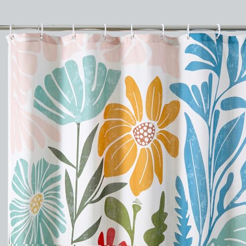 RoomTalks Cute Colorful Floral Faux Linen Shower Curtain Funky Aesthetic Bathroom Decor - Heavy Duty Modern Abstract Matisse Blue Pink Flowers Plants Botanical Shower Curtain Set - color: Blue and Pink, size: 72"W x 72"L (Pack of 1)