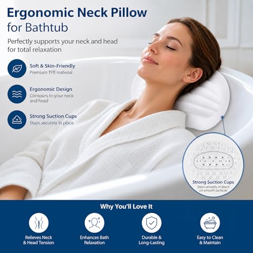 TPE Neck Pillow for Bathtub, Small Bath Pillow with Suction Cups | Small bath pillow with neck support , waterproof material,compact size for home or travel relaxation.