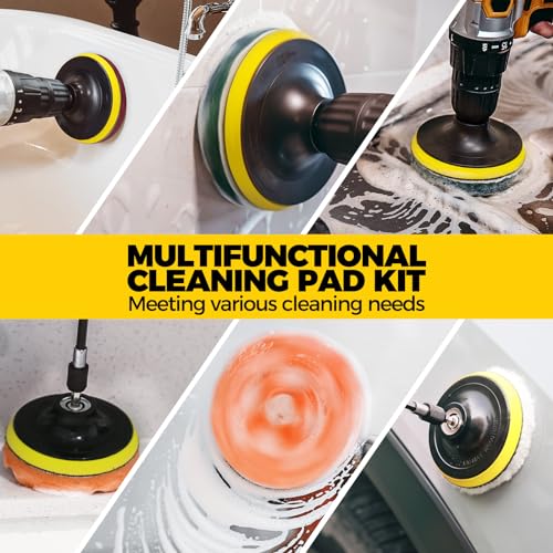 Holikme 30Pack Drill Brush Attachments Set,Scrub Pads & Sponge, Power Scrubber Brush with Extend Long Attachment All Purpose Clean for Grout, Tiles, Sinks, Car Polishing Pads,Bristle Discs - color: Yellow