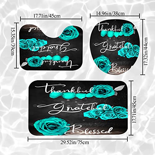4Pcs Teal Rose Shower Curtain Set, Thankful Grateful Blessed Turquoise Bathtub Curtain with Non-Slip Rug, Toilet Lid Cover, Bath Mat and 12 Hooks, Romantic Green Floral Bathroom Decor, 72 x 72 inch - color: Green