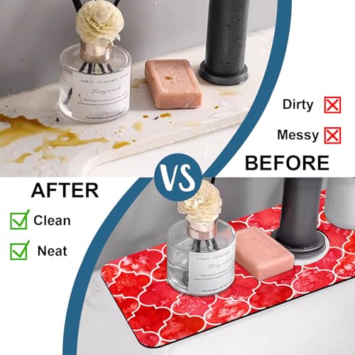 Watercolor Moroccan Marbled Kitchen Sink Splash Guard Faucet Mat Red Tiles Super Absorbent Fast Drying Mat Sink Splash Guard Behind Faucet for Kitchen Bathroom, 15.5"x5.5"