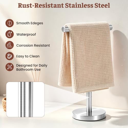 Hand Towel Holder Stand, Freestanding Bathroom Towel Rack, Silver | Weighted Stainless Steel Base Helps Prevent Tipping While The Open T-Shape Keeps Towels Dry on Bathroom Countertops - color: Silver-1 Pack