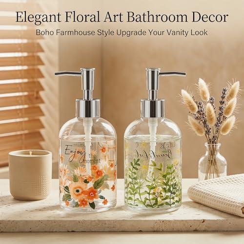 Topadorn Glass Soap Dispenser Set of 2, 17oz Refillable Hand & Dish Soap Pump Bottles, Floral & Botanical Bathroom Accessories, Decorative Kitchen Soap Dispenser Set, Cottagecore Farmhouse Decor - color: Pink and Green