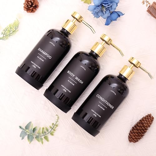 Shampoo and Conditioner Dispenser Set of 3,Refillable 21oz Shampoo Bottles with Non-Slip Protective Silicone Pad,Shower Soap Dispenser with Waterproof Labels for Bathroom (Black) - color: Black Bottles + Gold Pumps