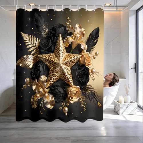 Black and Gold Shower Curtain Sets with Rugs, Luxury Leopard Star Floral Bathroom Decor, 4 Piece African Animal Print Bath Set with Non-Slip Rug, Toilet Lid Cover and Bath Mat, Waterproof Fabric - color: Black Gold Star
