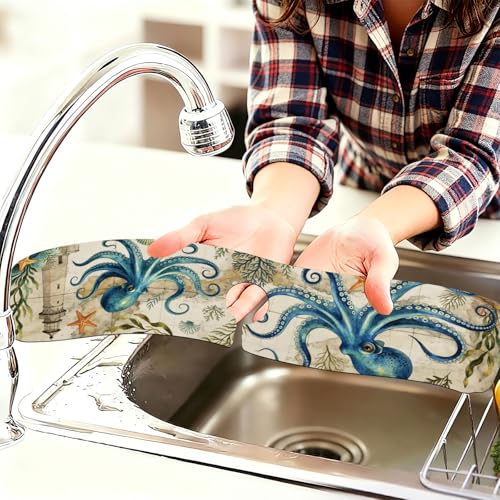 2 Pcs Kitchen Sink Splash Guard Faucet Mat Retro Ocean Octopus Pattern Faucet Mat for Sinks Flower Absorbing Drying Mats for Kitchen Bathroom - color: Ocean Octopus
