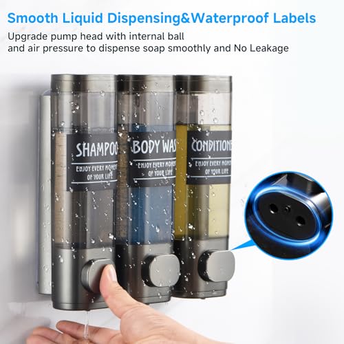 Shampoo and Conditioner Dispenser,GlintGath Shower Dispenser 3 Chamber No Drill Shampoo Dispenser for Shower Wall Mounted Shower Soap Dispenser for Bathroom Hotel,3 * 300ML,Gun Gray - color: Gun Gray 3 Chamber