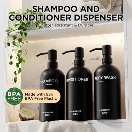 Shampoo and Conditioner Dispenser Set,3 Refillable 16oz Bottles with Stainless Steel Pumps – Shower Soap Dispensers for Bathroom, Hotel or Airbnb (Black, 3-Pack) - color: Black