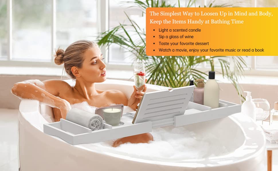 Zhuoyue Bamboo Bathtub Tray, Expandable Premium Bath Tray for Luxury Bathroom, Adjustable Bath Accessories for Tub with Soap Towel Book Holder, Extendable 29.5-43.3" White - color: White