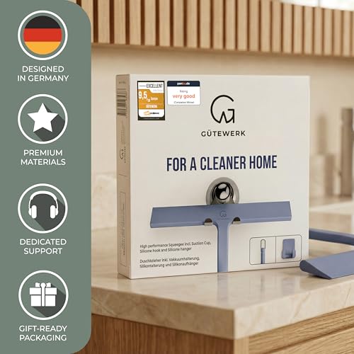 GÜTEWERK Silicone Shower Squeegee for Glass Doors & Mirrors with Stainless Steel Core, Streak-Free & No-Squeak Window Cleaning, 3-in-1 No-Drill Mount (Hook/Suction/Adhesive),Blue, 11 Inches - color: Blue, size: 11 Inches