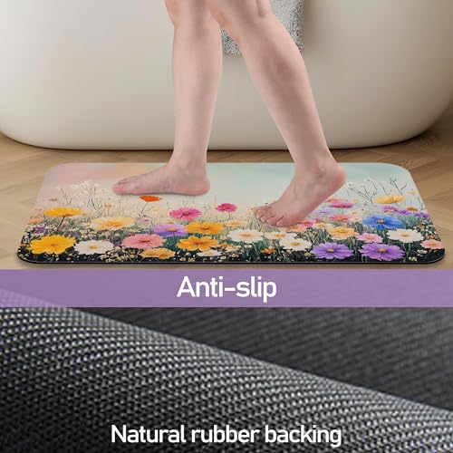 Colorful Flowers Bathroom Mat, Non Slip Rubber Backed Fast Dry Bath Rug, Thin Bath Mat for Bathroom Kitchen 17"x30" - color: Colorful Flowers