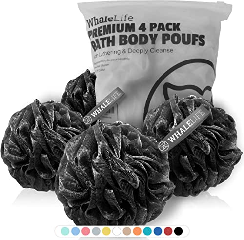 WhaleLife Loofah Bath Sponges - Black Gentle Exfoliating Shower Loofah for Rich Lather, Durable Mesh Body Scrubber for Men & Women 4 Pack - style: Modern; Minimalist; Matte; Solid Black
