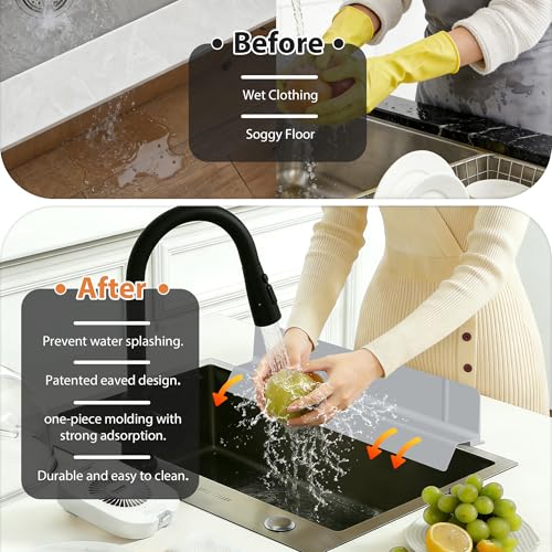 18Inch Sink Splash Guard – Extended Length & Tall Silicone Kitchen Sink Splash Guard with Overhang Drainage Design & Strong Suction Cups for Countertop (Grey, 18''x3.5'') - color: Gray, size: 18''x3.5''