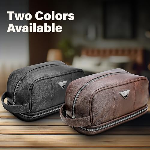 emissary Leather Travel Toiletry Bag for Men, Dopp Kit - Black | Water-resistant leather, large capacity + organizer pockets; refined men's travel Dopp kit, carry-on ready - color: Black