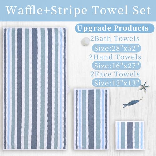 Waffle Towels for Bathroom-Quick Dry | Thick | Lightweight | 540GSM,Large Bath 30"x56", Hand 16"x27",Wash Cloths 13"x13",Cotton Polyester Blend Towels with Hanging Loops,Blue Gray Stripe and White - color: Blue-gray and White, size: 3 PC Bathroom Towel Se