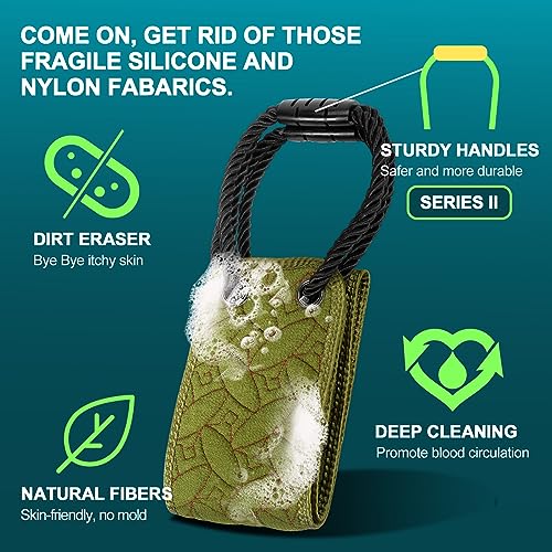Exfoliating Back Scrubber for Use in Shower, 38.5 Inch Back Washer with Handles, Dual-Sided Body Exfoliator for Daily & Deep Skin Cleaning, Bath Back Scrub Washcloth for Men & Women (Green)