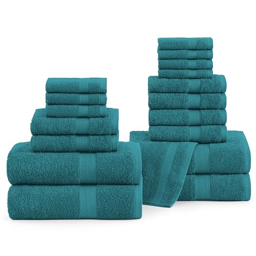 LANE LINEN 100% Cotton Bathroom Towels Set - 18 Piece - Super Soft, Quick Dry & Highly Absorbent - 4 Bath, 8 Washcloth, 6 Hand Towels - Premium Hotel Quality, Ideal for Spa & Salons - Seaport Blue - color: 09: Seaport Blue, size: 18 Piece Towel Set