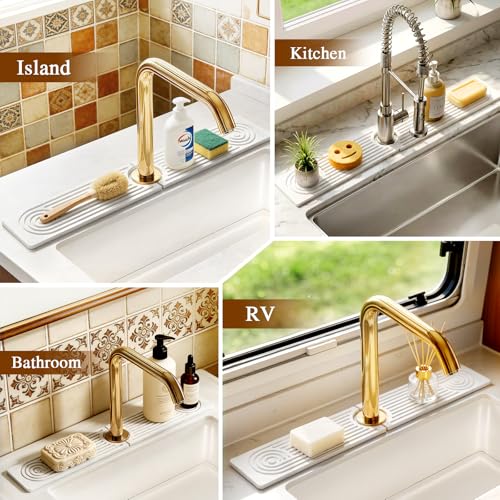 2 Pack Stone Faucet Mat for Kitchen Sink, Absorbing Drying Stone Mat Prevent Moisture, Sink Splash Guard Water,Natural Diatomite Stone Tray for Bathroom Counter 23.6*3.9inch (White+White) - color: White+White