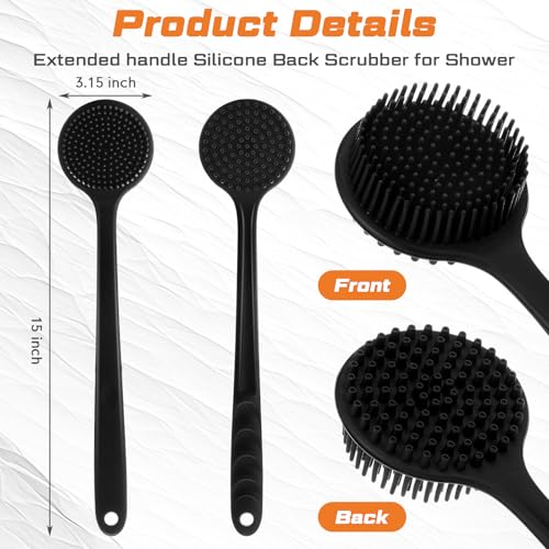 Sunnyray 2 Pack Silicone Back Scrubber for Shower with 15" Long Handle Double-Sided Bath Body Brush for Exfoliating Easy to Clean Quick Dry Deep Cleaning Lathers Well(Black) - color: Black