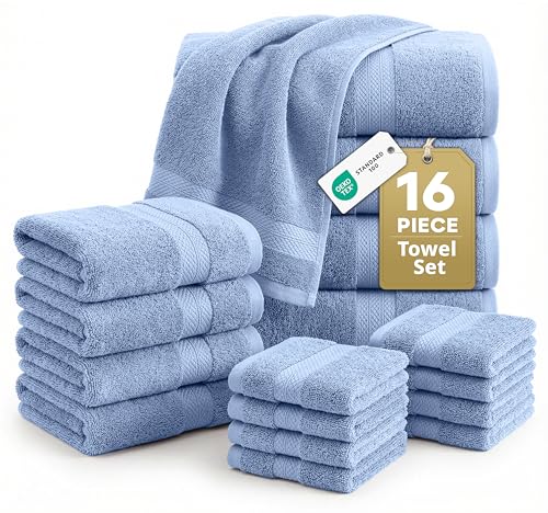 LANE LINEN 100% Cotton Bath Towels 16 Piece Set - Super Soft, Quick Dry & Absorbent - 4 Bath, 8 Washcloths, 4 Hand Towels for Bathroom - Hotel Quality, Minimal Lint after 3 Washes - Cerulean Blue - color: 07: Cerulean Blue