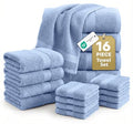 LANE LINEN 100% Cotton Bath Towels 16 Piece Set - Super Soft, Quick Dry & Absorbent - 4 Bath, 8 Washcloths, 4 Hand Towels for Bathroom - Hotel Quality, Minimal Lint after 3 Washes - Cerulean Blue - color: 07: Cerulean Blue